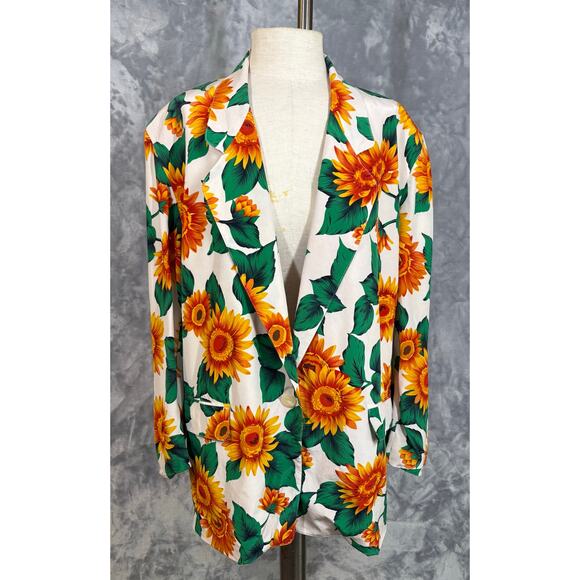 Vintage Sunflower Print Silk One Button Blazer S Sanyo 90's Work Casual Career - Picture 2 of 11